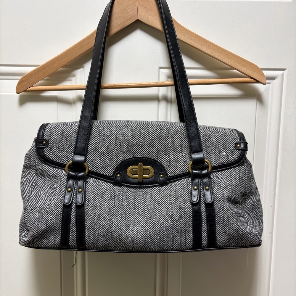 Accessories Black and white herringbone wool blend shoulder bag